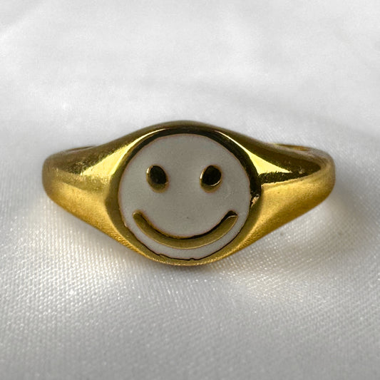 White Smiley Face Gold Adjustable Signet Ring