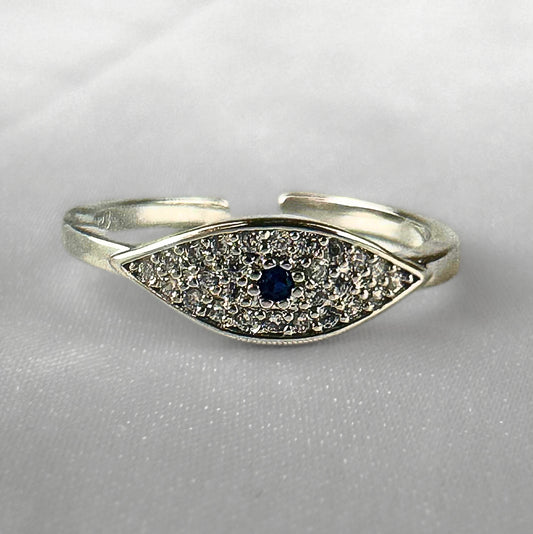Diamanté Evil Eye Silver Adjustable Ring