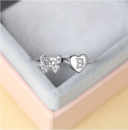 Silver Adjustable Butterfly Letter B Ring