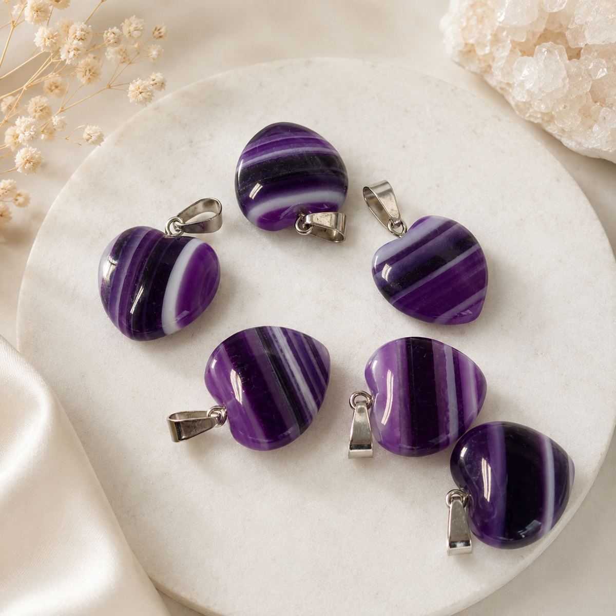 20mm Striped Agate Crystal Heart Pendants