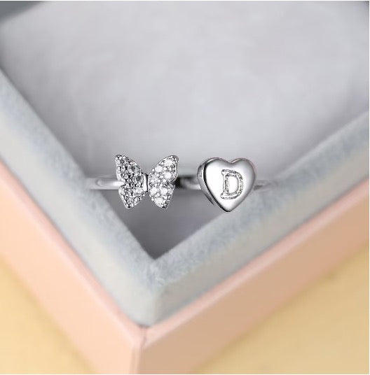 Silver Adjustable Butterfly Letter D Ring