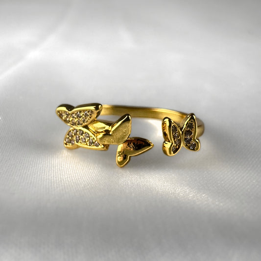 Gold Adjustable Triple Diamanté Butterfly Ring