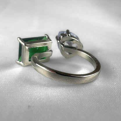 Green Silver  Adjustable Rectangle and Pear Ring