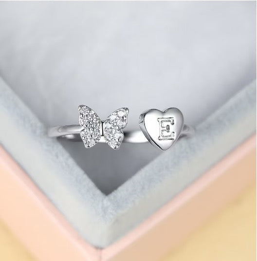 Silver Adjustable Butterfly Letter E Ring