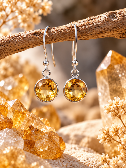 Silver Citrine Crystal Round Dangly Earrings