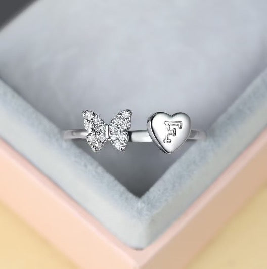 Silver Adjustable Butterfly Letter F Ring