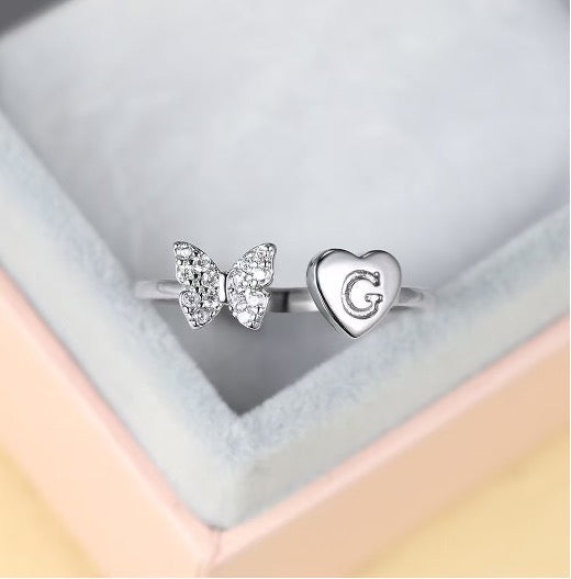 Silver Adjustable Butterfly Letter G Ring