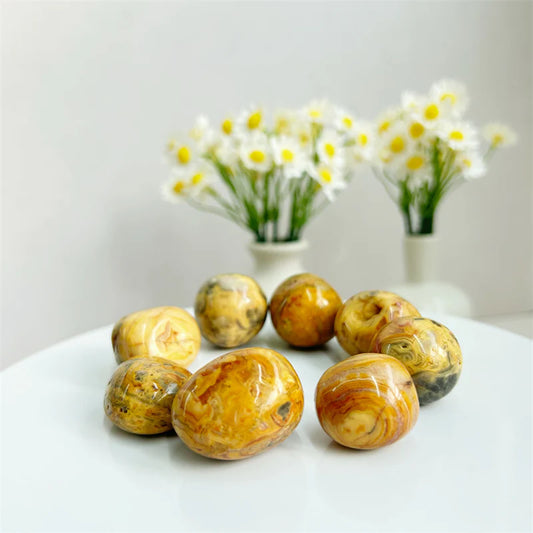8 Crazy Lace Agate Crystal Tumbled Stones in front of two bunches of flowers.