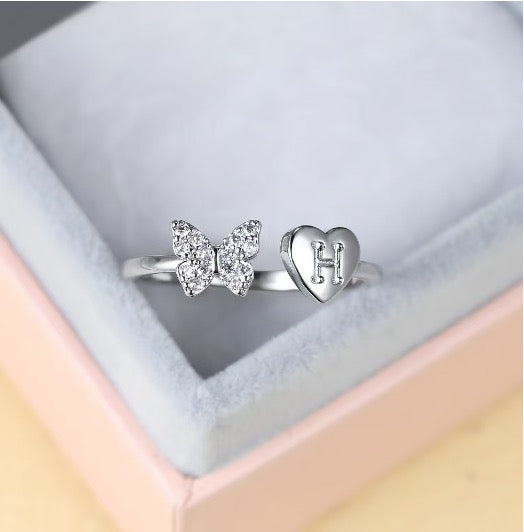 Silver Adjustable Butterfly Letter H Ring