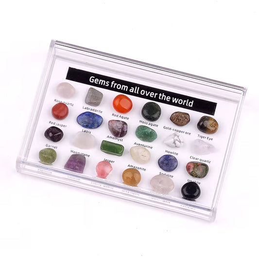 A tumblestone collection of 24 various crystals in a gift box, each named.