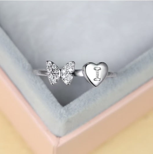 Silver Adjustable Butterfly Letter I Ring