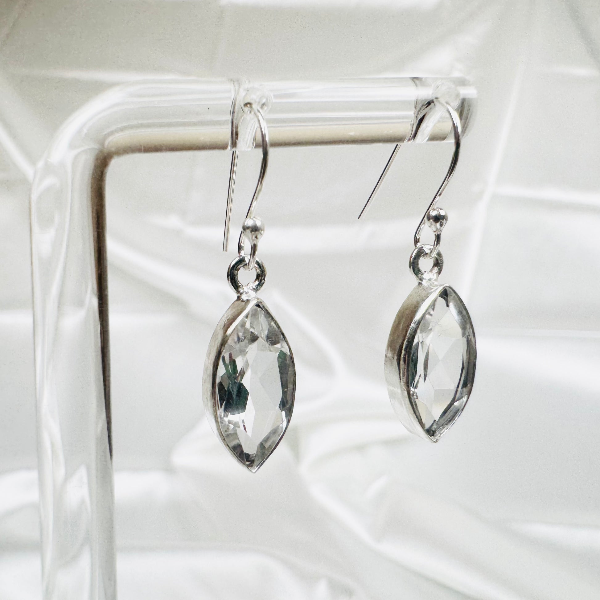 Silver Clear Quartz Crystal Faceted Marquise Dangly Earrings