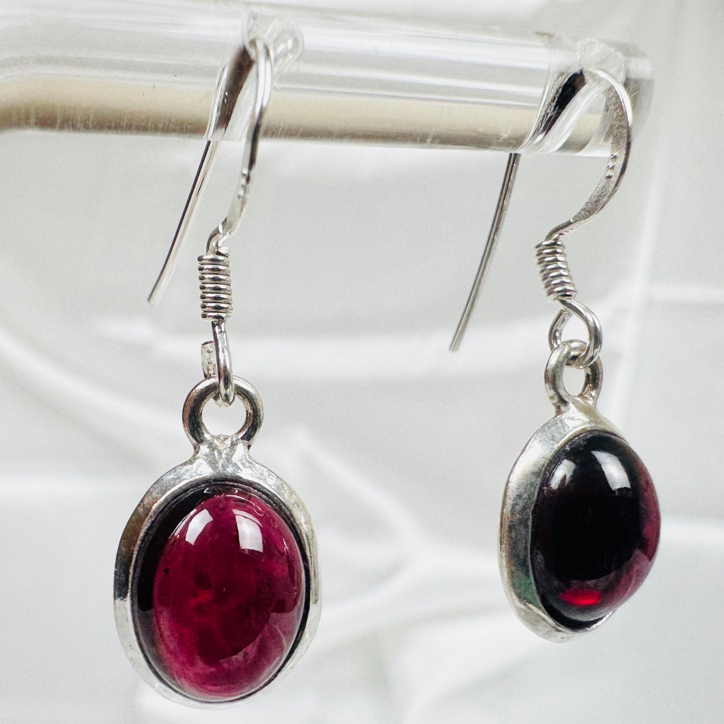 Silver Garnet Crystal Oval Dangly Earrings