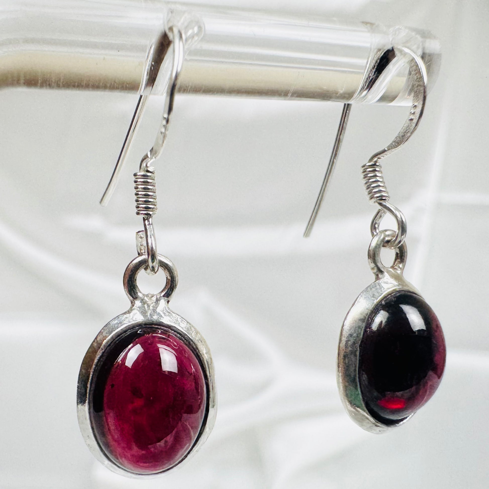 Silver Garnet Crystal Oval Dangly Earrings