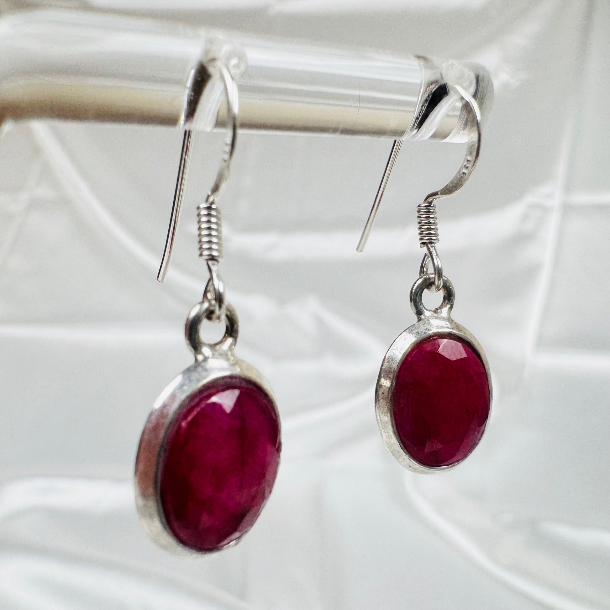 Silver Ruby Crystal Oval Dangly Earrings