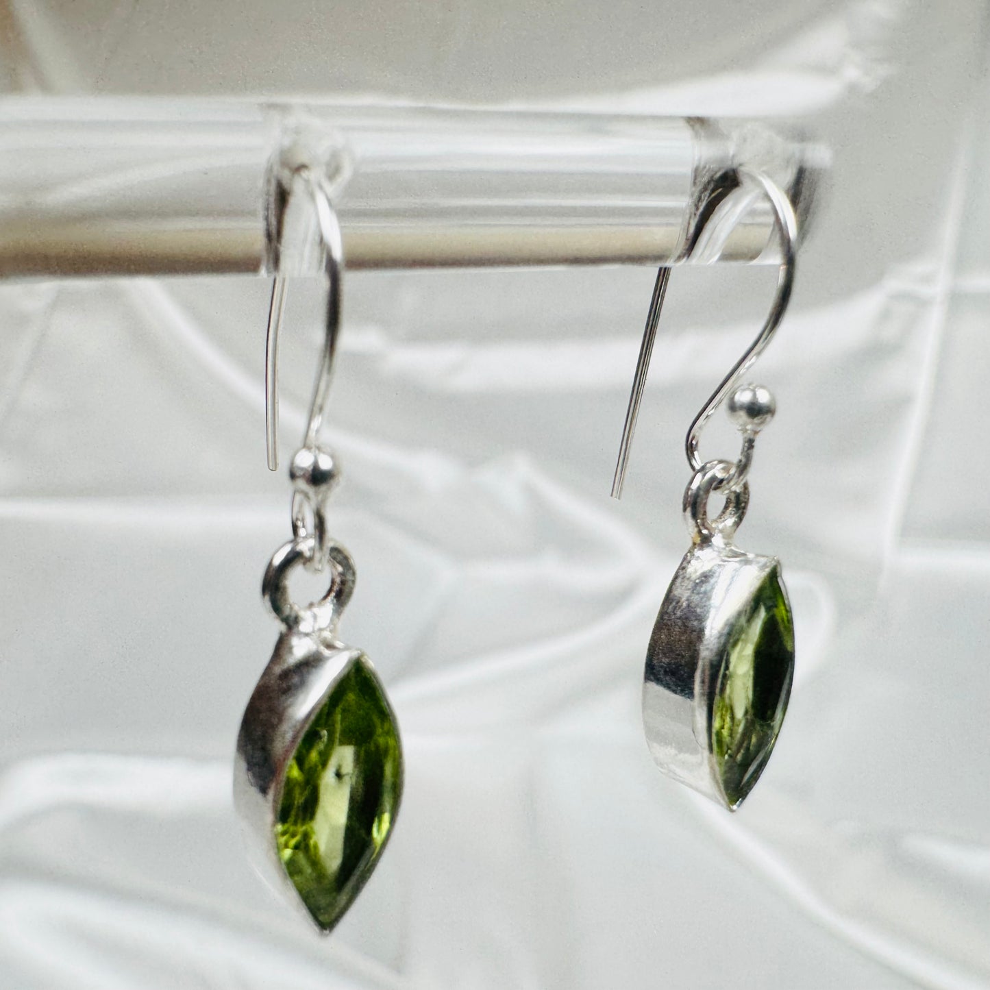 Silver Peridot Crystal Marquise Dangly Earrings