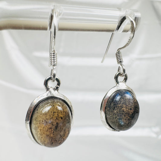 Silver Labradorite Crystal Oval Dangly Earrings