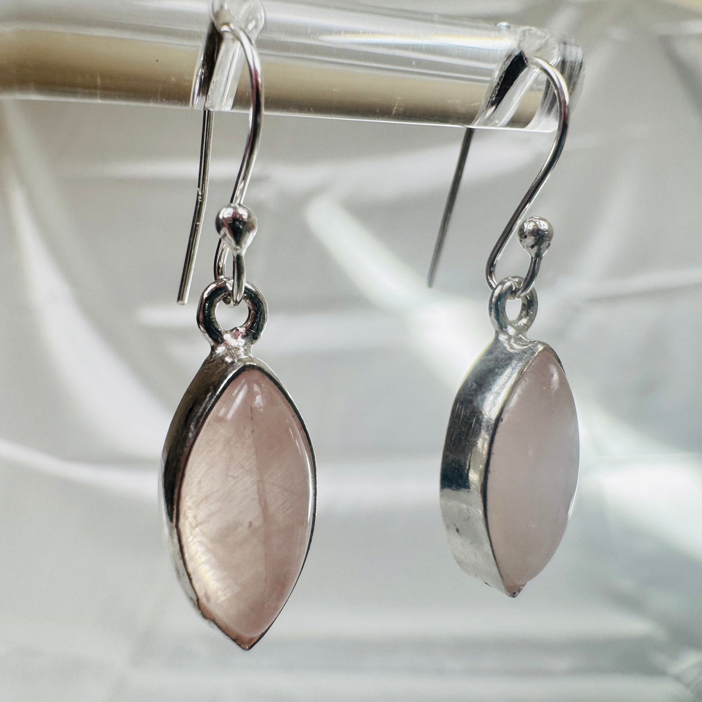 Silver Rose Quartz Crystal Marquise Dangly Earrings