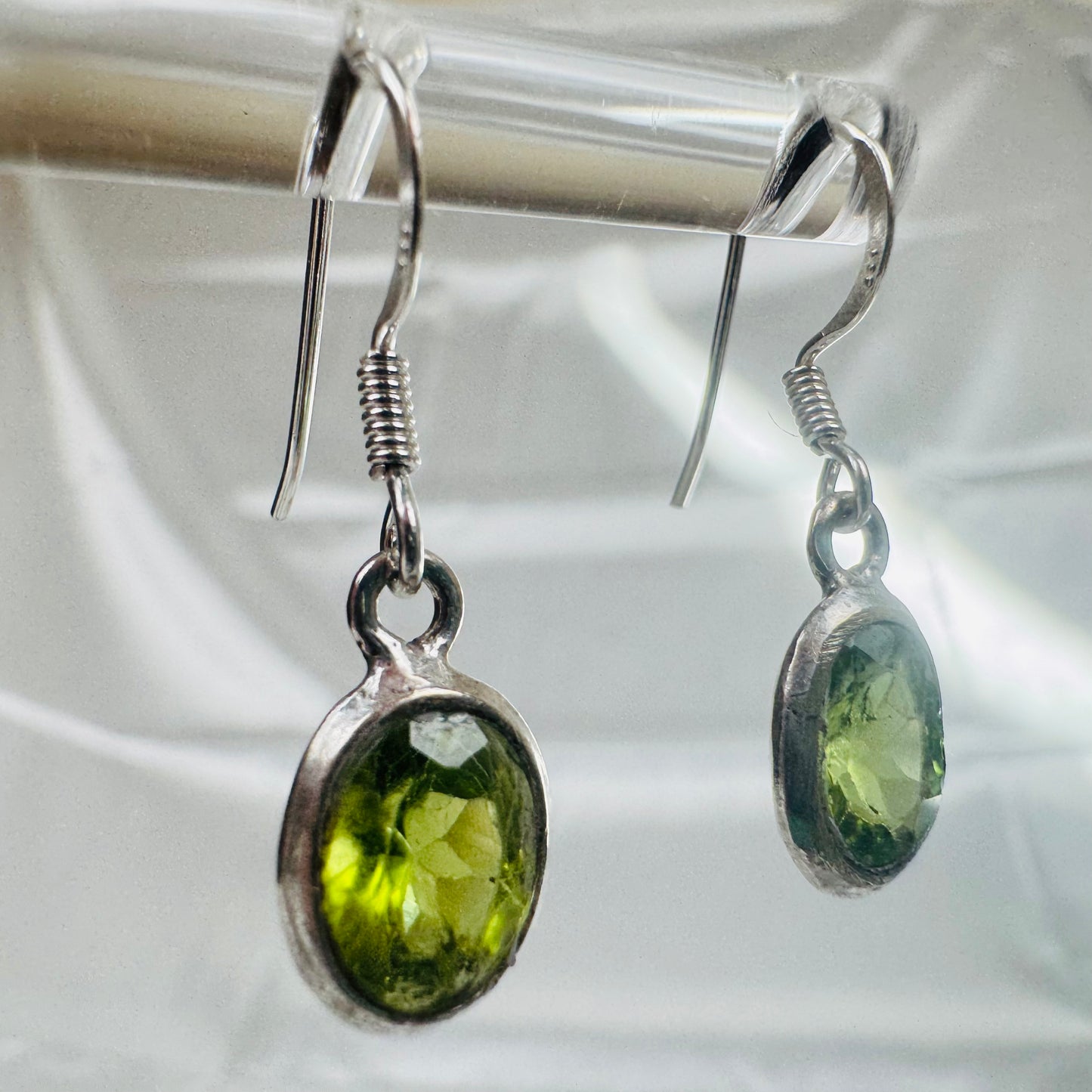Silver Peridot Crystal Oval Dangly Earrings
