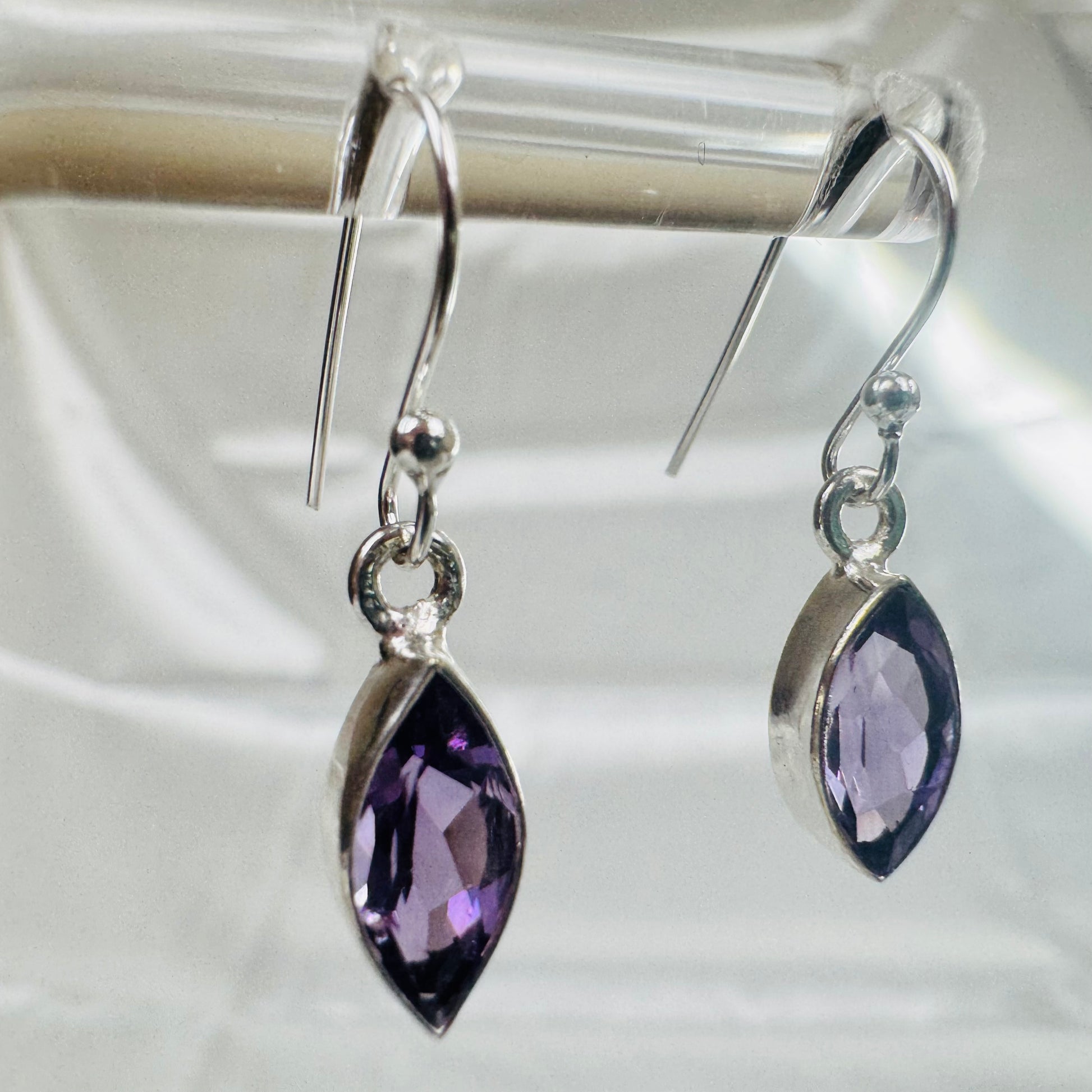 Silver Amethyst Crystal Faceted Marquise Dangly Earrings
