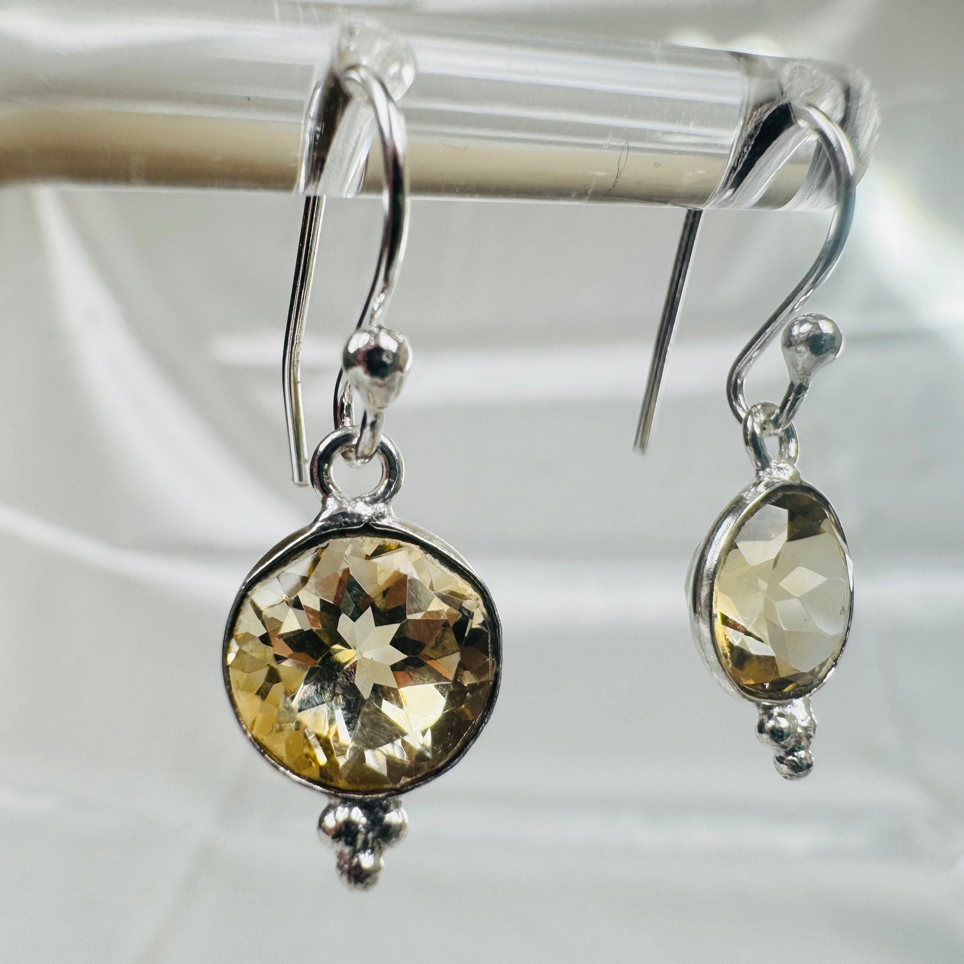 Silver Citrine Crystal Round with 3 Dots Dangly Earrings