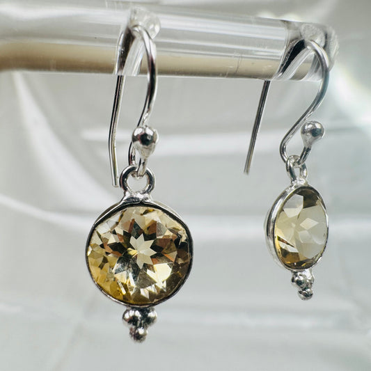 Silver Citrine Crystal Round with 3 Dots Dangly Earrings