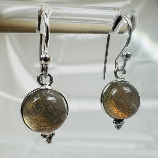 Silver Labradorite Crystal Round with 3 Dots Dangly Earrings