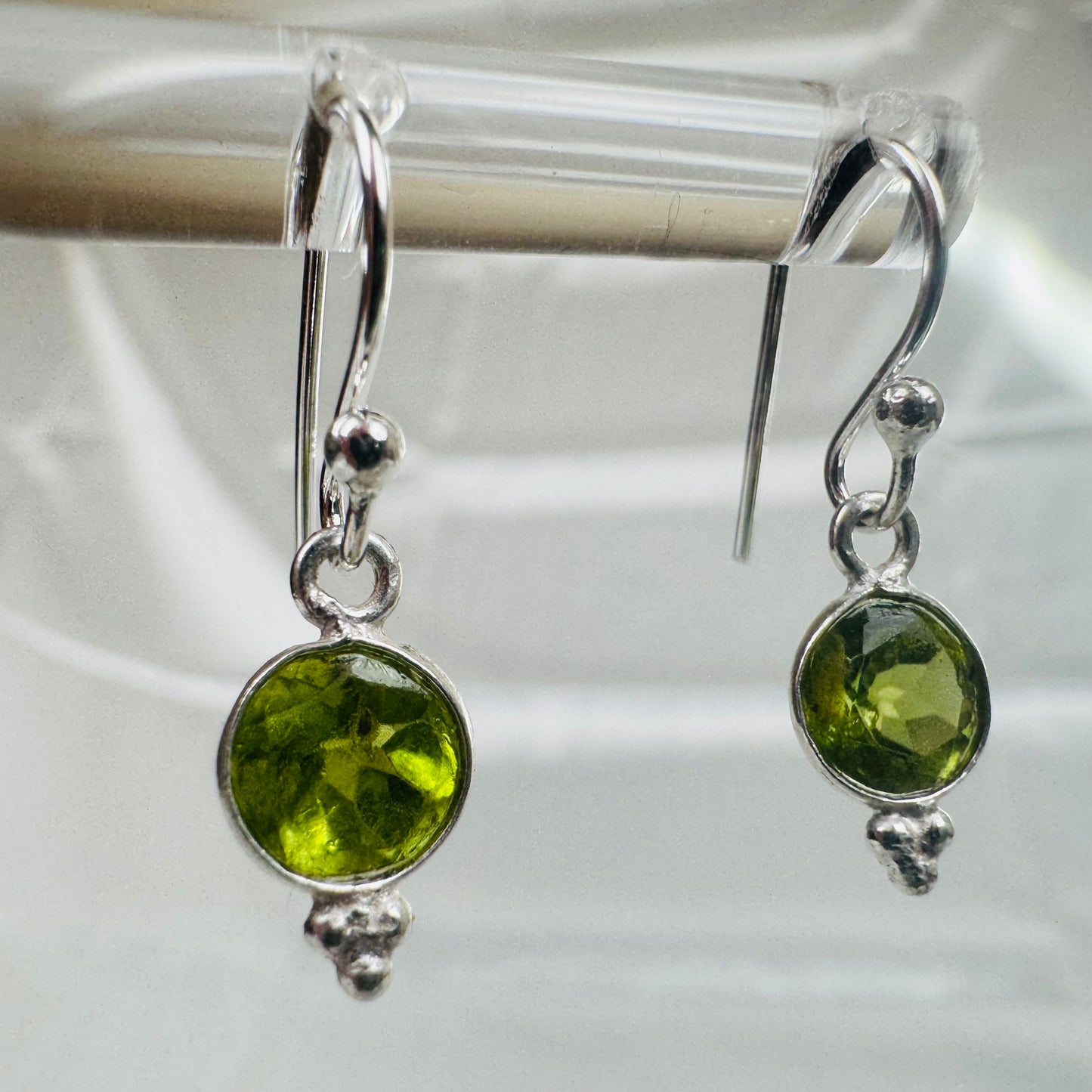 Silver Peridot Crystal Round with 3 Dots Dangly Earrings