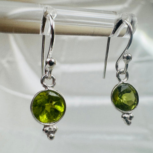 Silver Peridot Crystal Round with 3 Dots Dangly Earrings