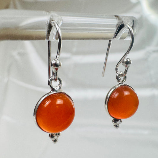 Silver Carnelian Crystal Round with 3 Dots Dangly Earrings
