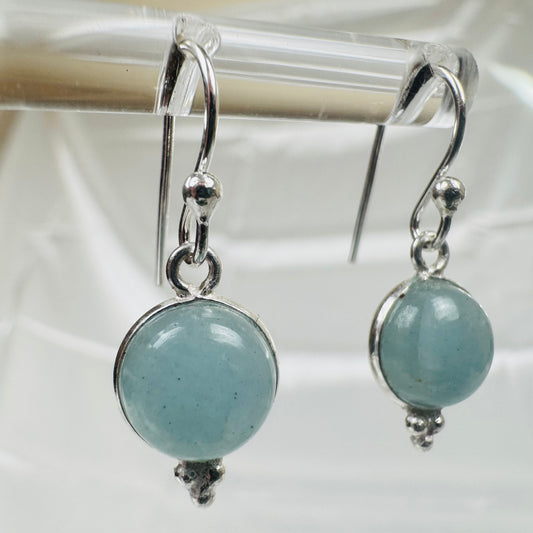 Silver Aquamarine Crystal Round with 3 Dots Dangly Earrings