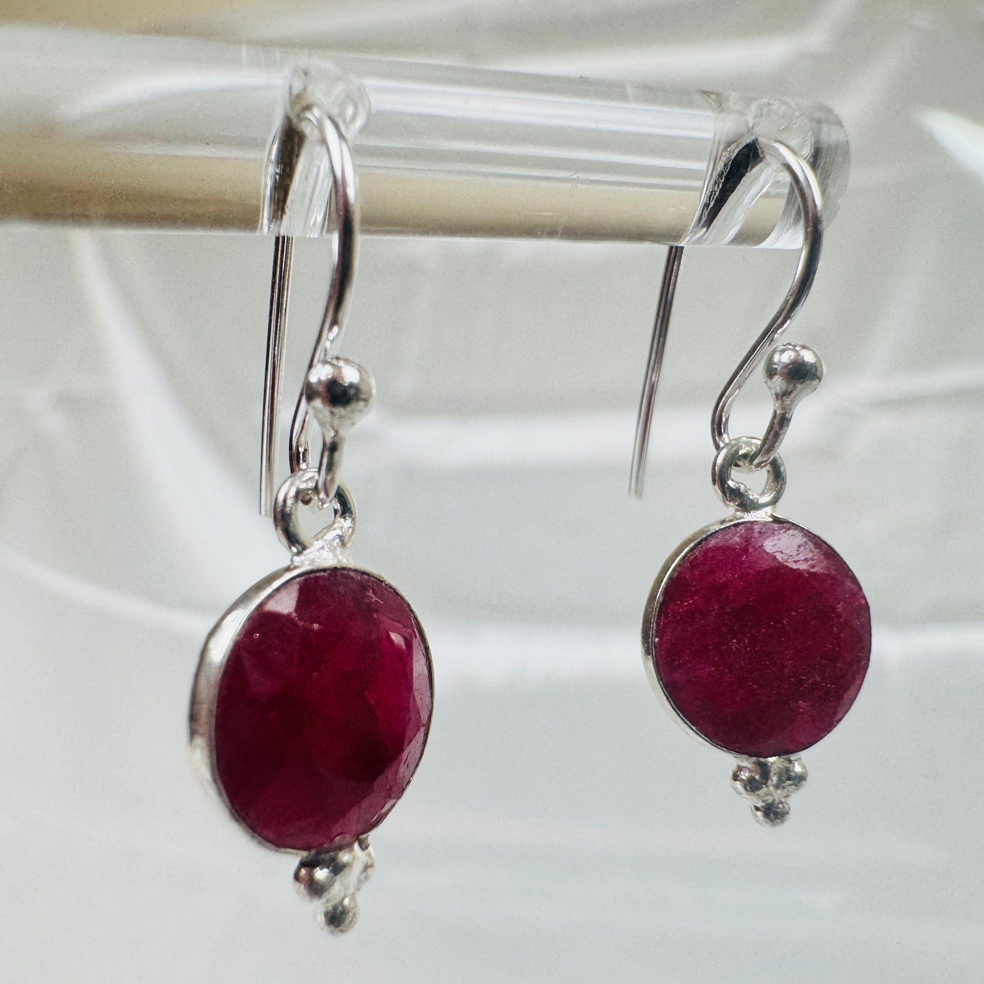 Silver Ruby Crystal Round with 3 Dots Dangly Earrings