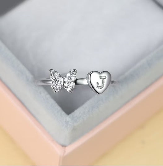 Silver Adjustable Butterfly Letter J Ring