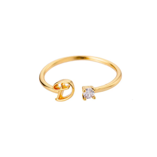 Gold Adjustable Diamanté Letter D Ring
