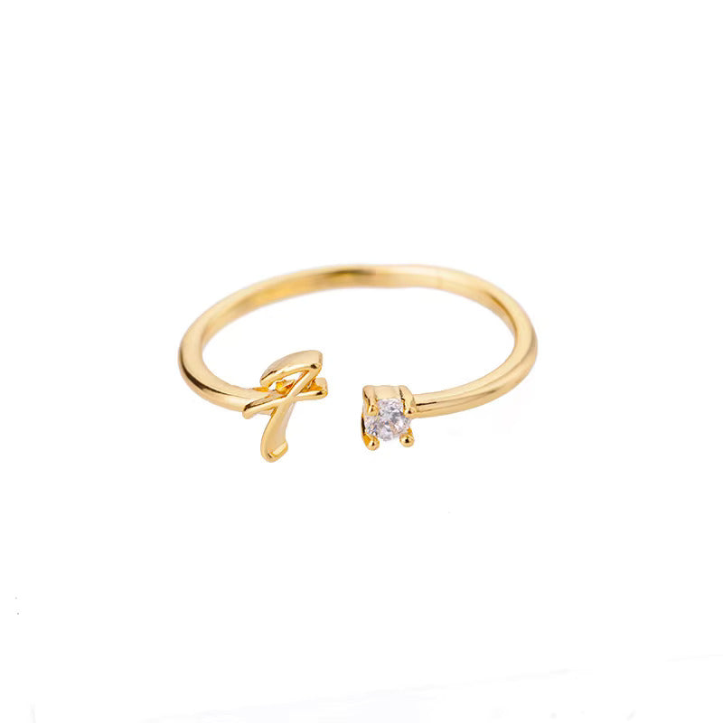 Gold Adjustable Diamanté Letter F Ring