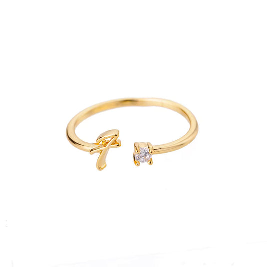 Gold Adjustable Diamanté Letter F Ring