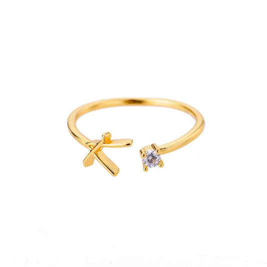 Gold Adjustable Diamanté Letter K Ring