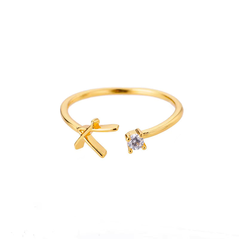 Gold Adjustable Diamanté Letter K Ring