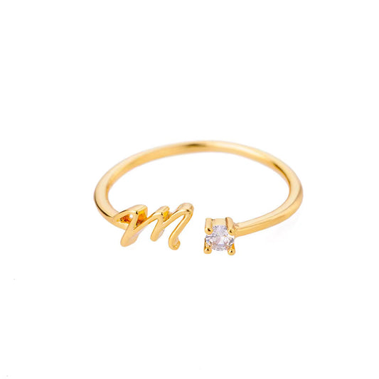 Gold Adjustable Diamanté Letter M Ring