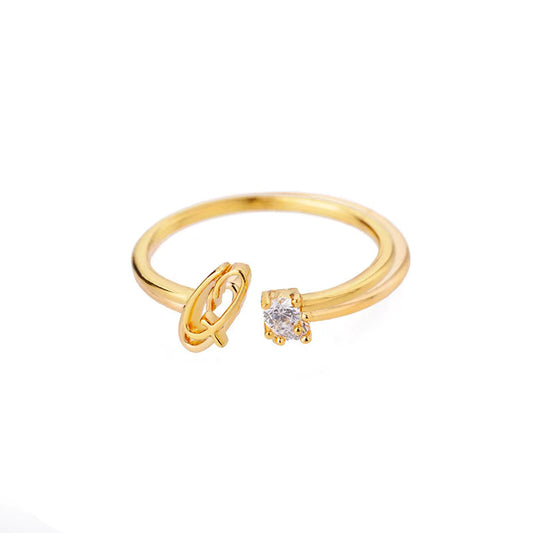 Gold Adjustable Diamanté Letter Q Ring