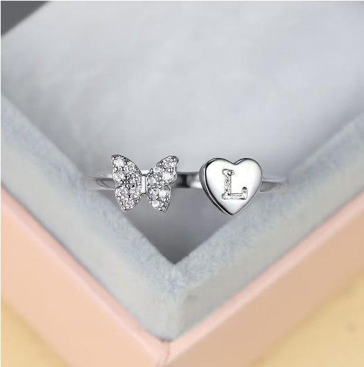 Silver Adjustable Butterfly Letter L Ring