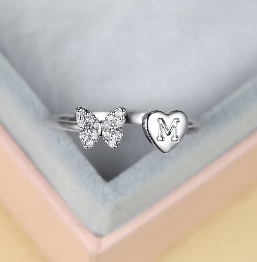 Silver Adjustable Butterfly Letter M Ring
