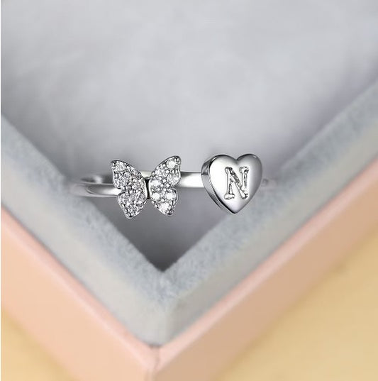Silver Adjustable Butterfly Letter N Ring