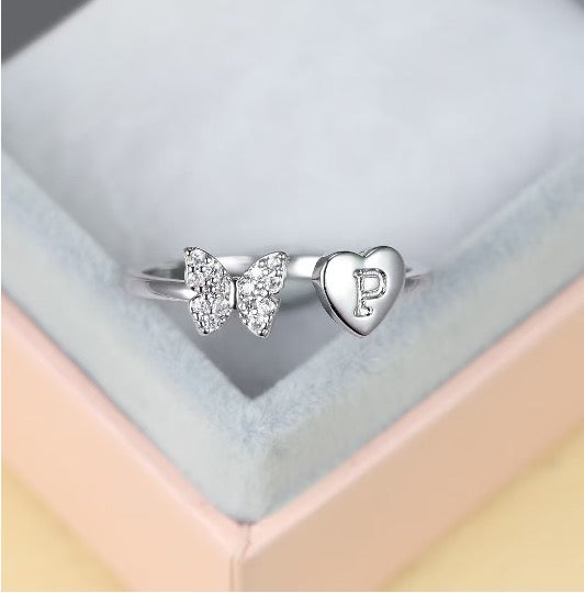 Silver Adjustable Butterfly Letter P Ring