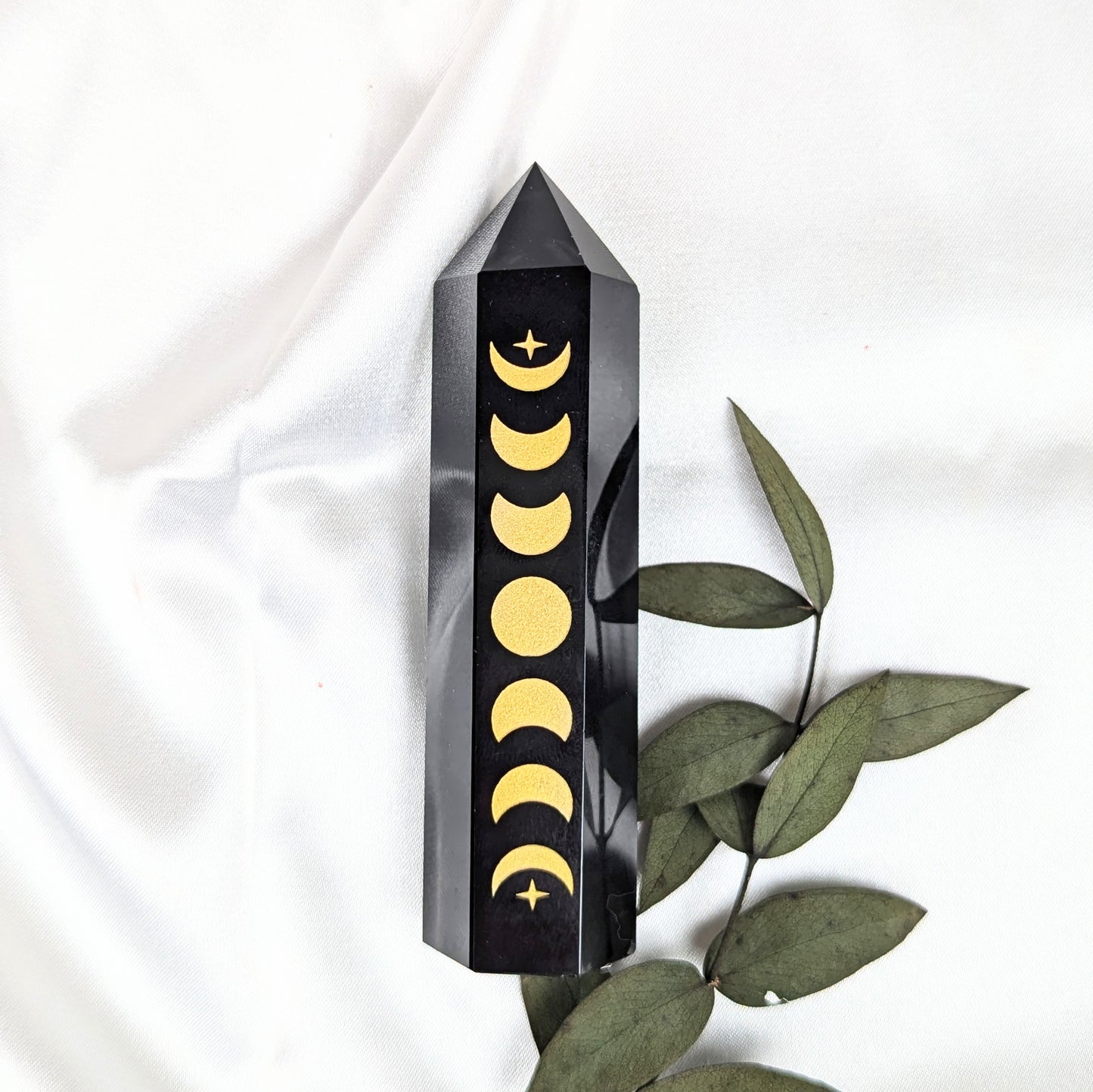 Black Obsidian Crystal Point with Moon Phase front