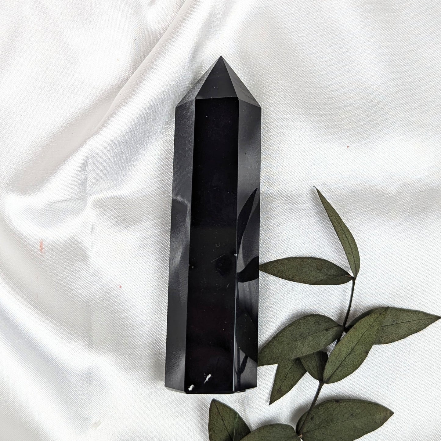 Black Obsidian Crystal Point with Moon Phase back 