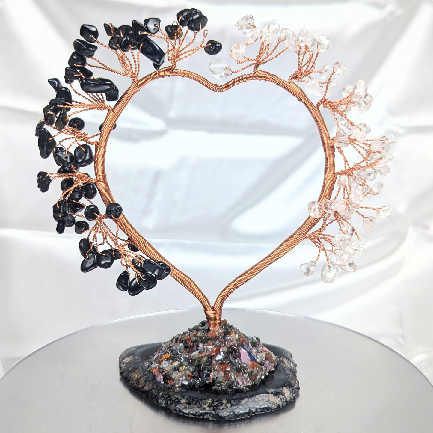 Heart Obsidian and Clear Quartz Crystal Chip Base Gem Trees