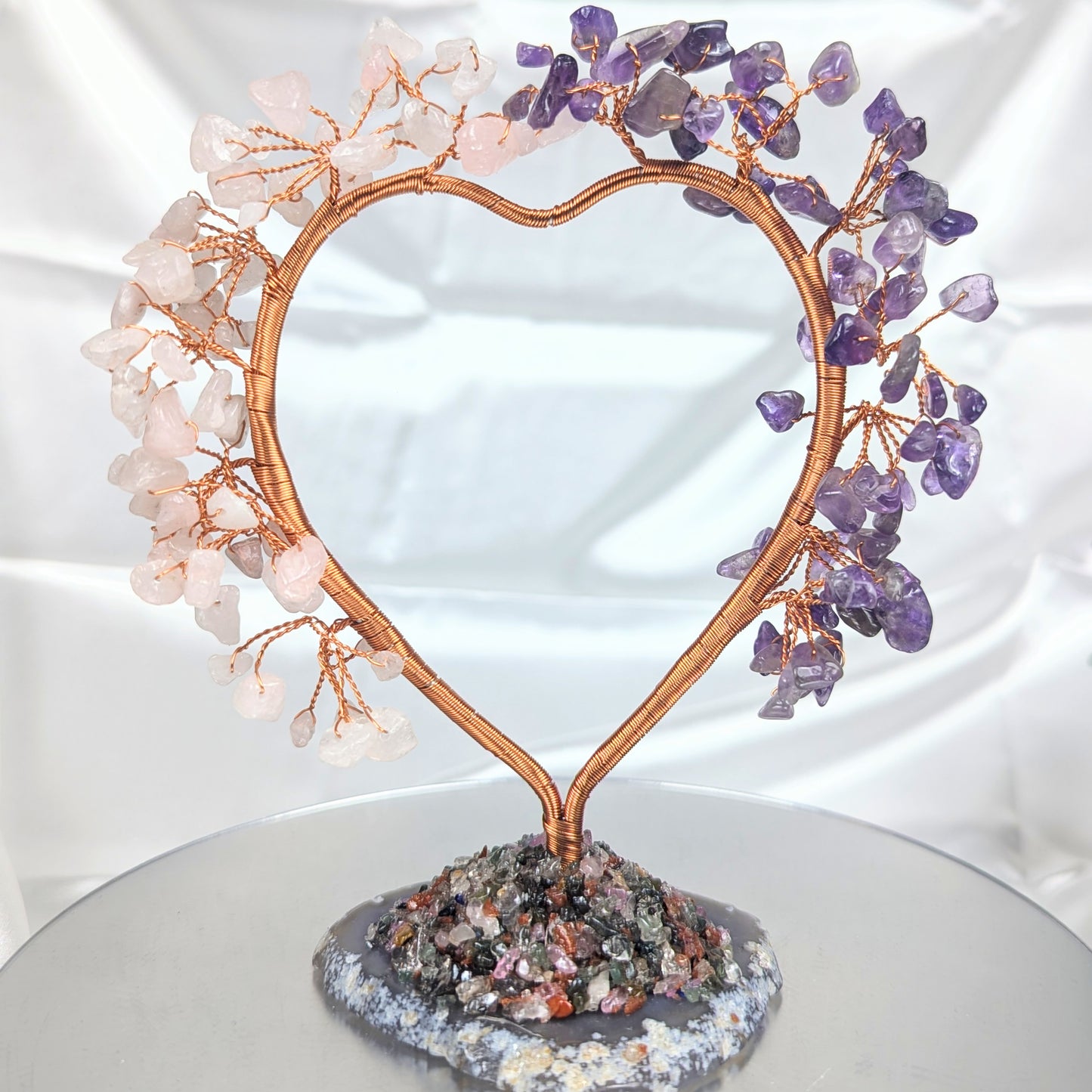 Heart Amethyst and Rose Quartz Crystal Chip Base Gem Trees