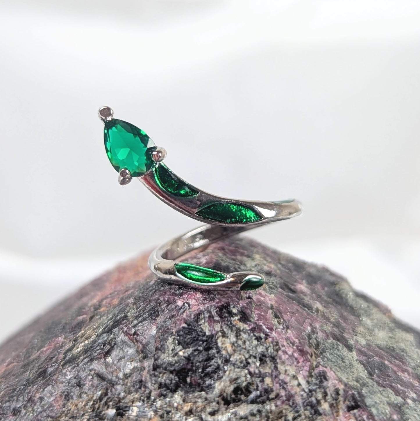 Green Diamanté Snake Wrap Adjustable Silver Plated Ring