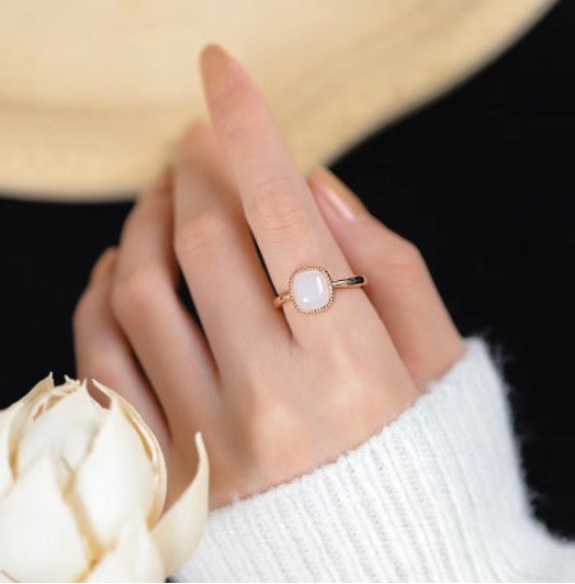 Square Pink Opalite Gold Plated Adjustable Ring